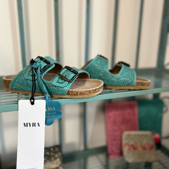 New Turquoise Myra Bag Hand Tooled Genuine Leather Summer Sandal Sunflower - Picture 7 of 16